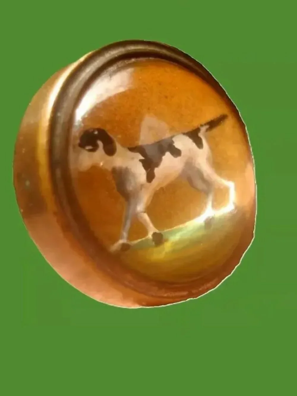 Edwardian, English Pointer Dog, Painted Intaglio, Essex Crystal, Cufflink